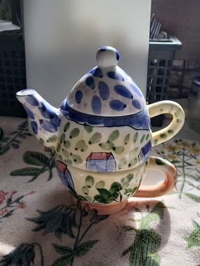 Ceramic Tea-for-One Set in Blue, Green and Cream